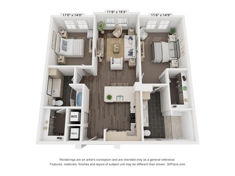 Floor plan for 2 beds, 2 baths, 1220 sqft
